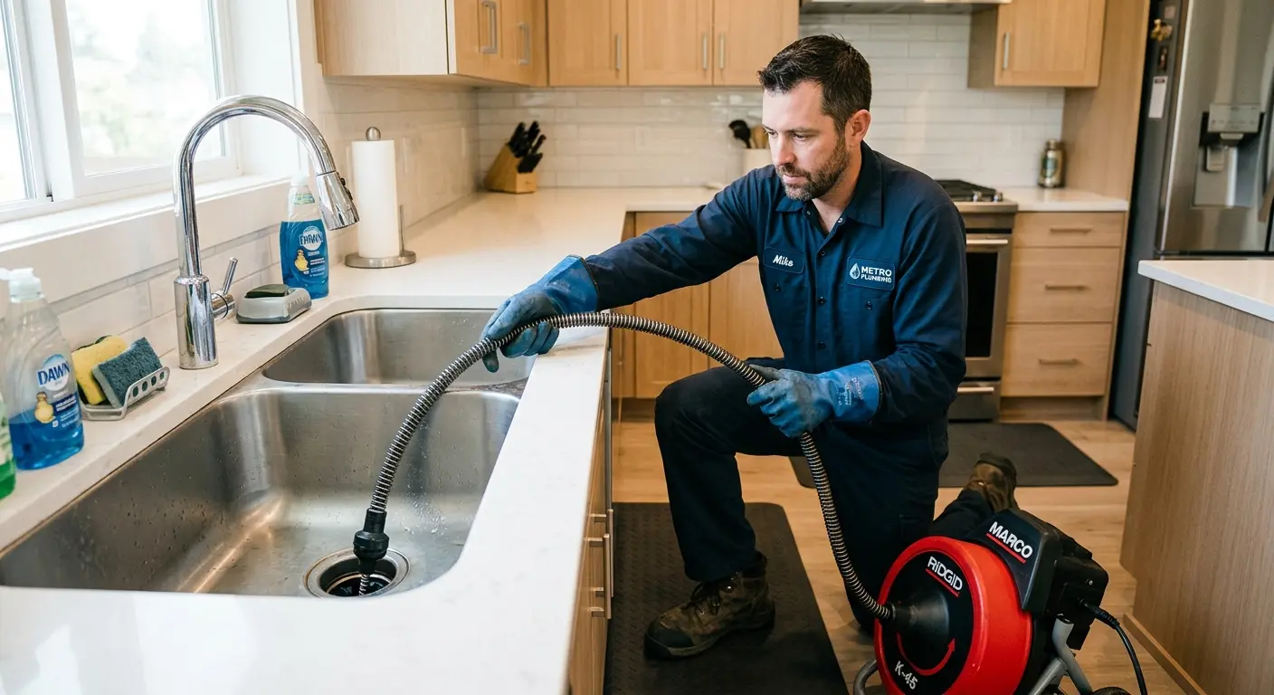 Drain cleaning technician using a motorized snake on a kitchen sink in Lower Burrell