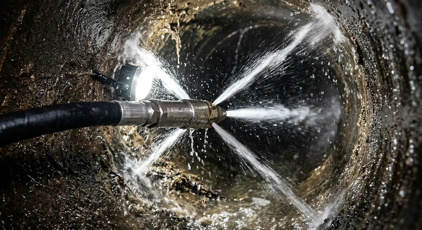 High-pressure hydro jetting nozzle cleaning sewer pipe for Emergency Drain Service in Lower Burrell