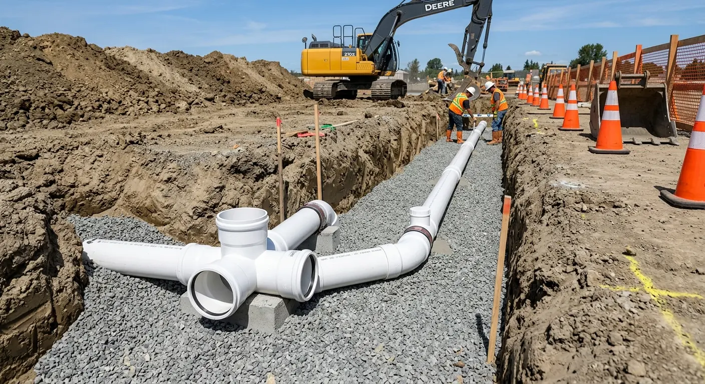 New PVC sewer pipe installation in open trench for Commercial Drain Cleaning in Lower Burrell