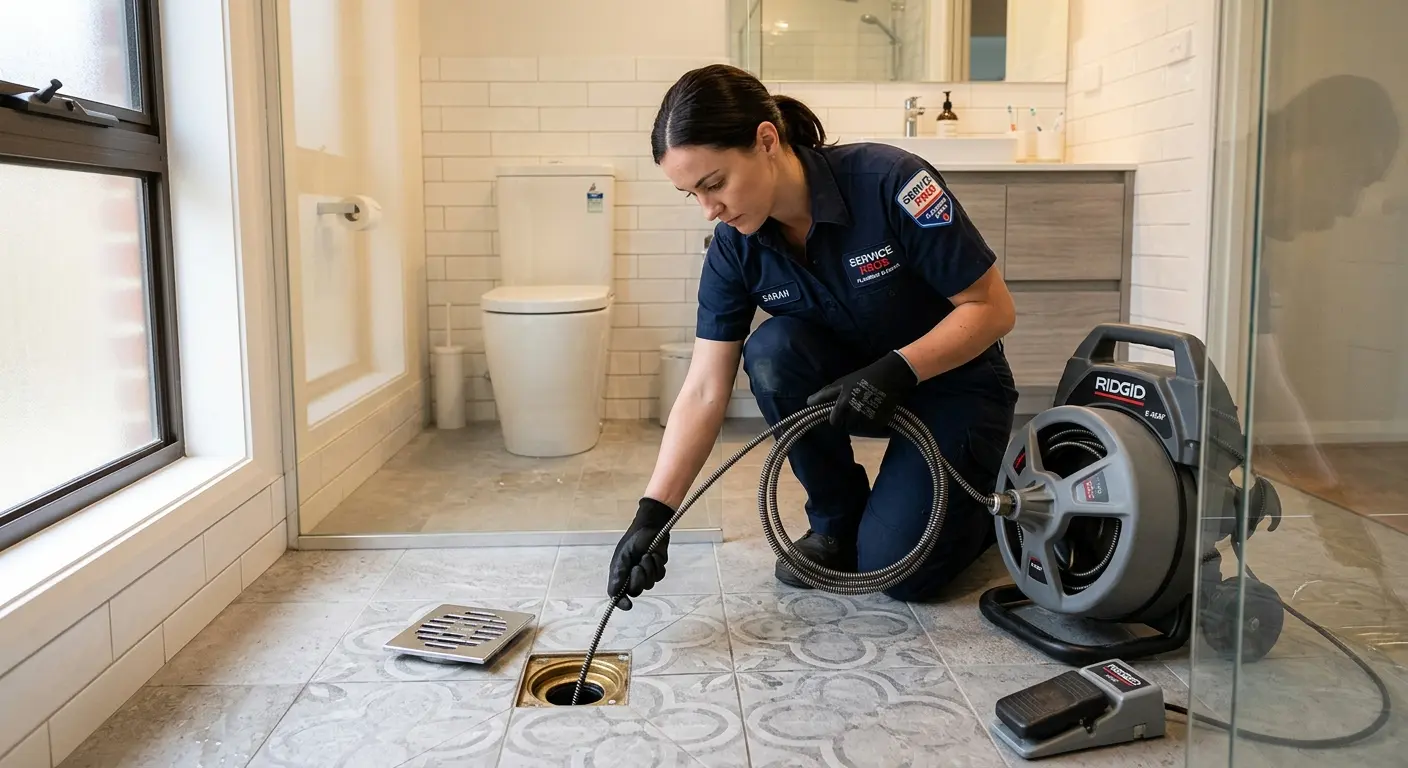 Technician clearing a bathroom floor drain for Drain Cleaning in Lower Burrell